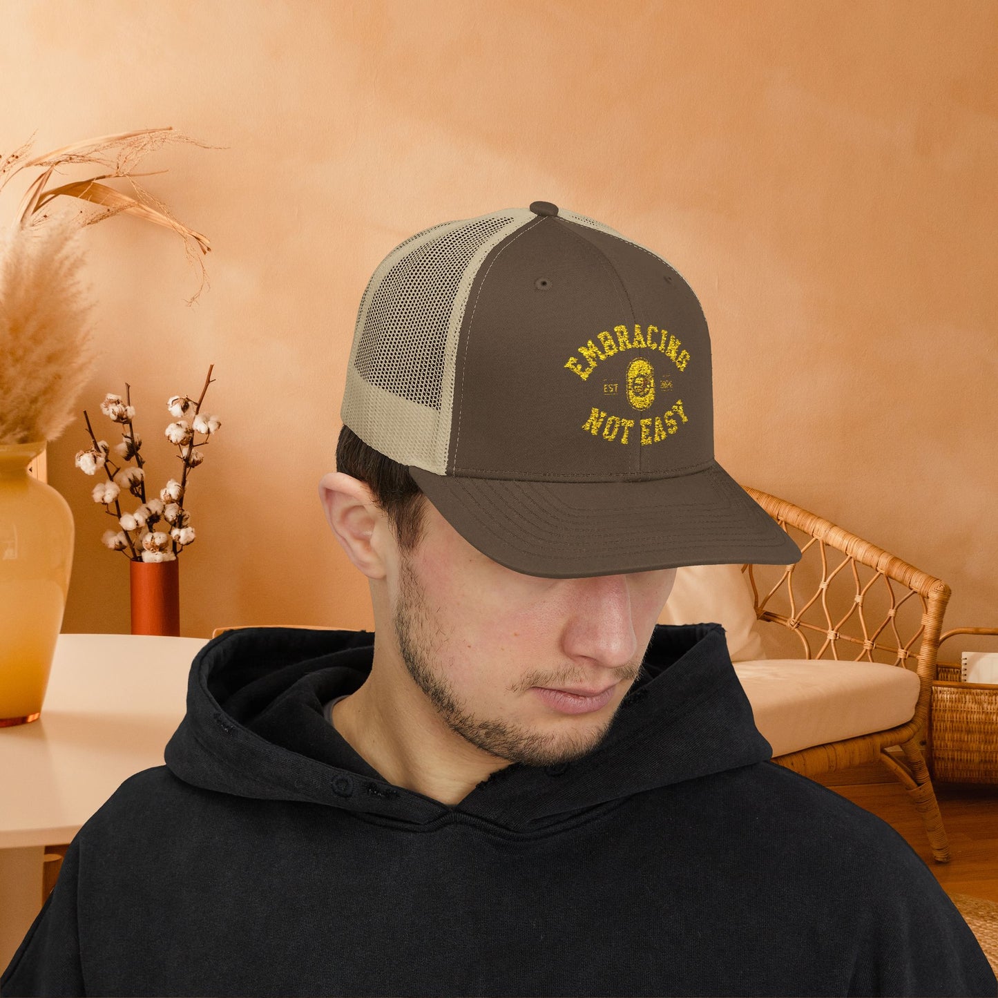 Embracing Not Easy Snapback Trucker Cap - Bold Red Vintage Hat