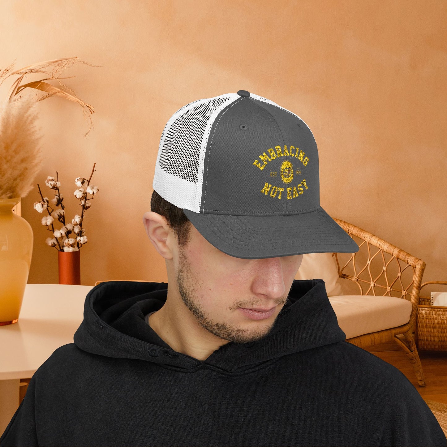 Embracing Not Easy Snapback Trucker Cap - Bold Red Vintage Hat