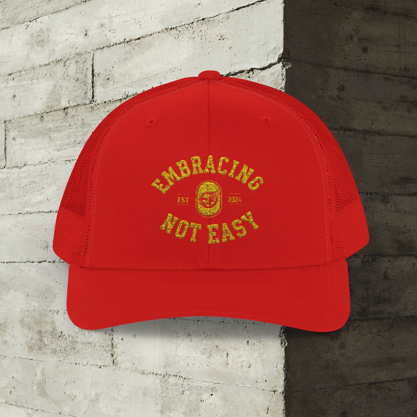 Embracing Not Easy Snapback Trucker Cap - Bold Red Vintage Hat
