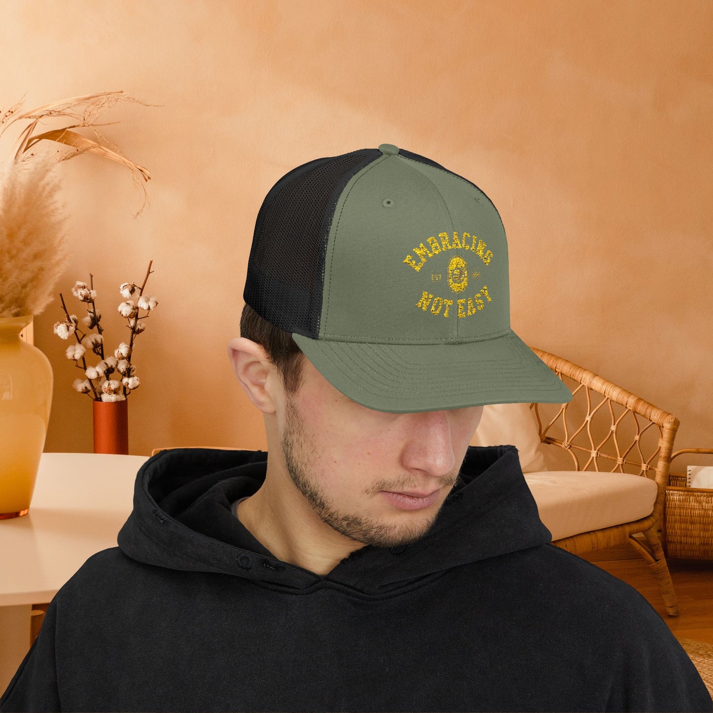 Embracing Not Easy Snapback Trucker Cap - Bold Red Vintage Hat