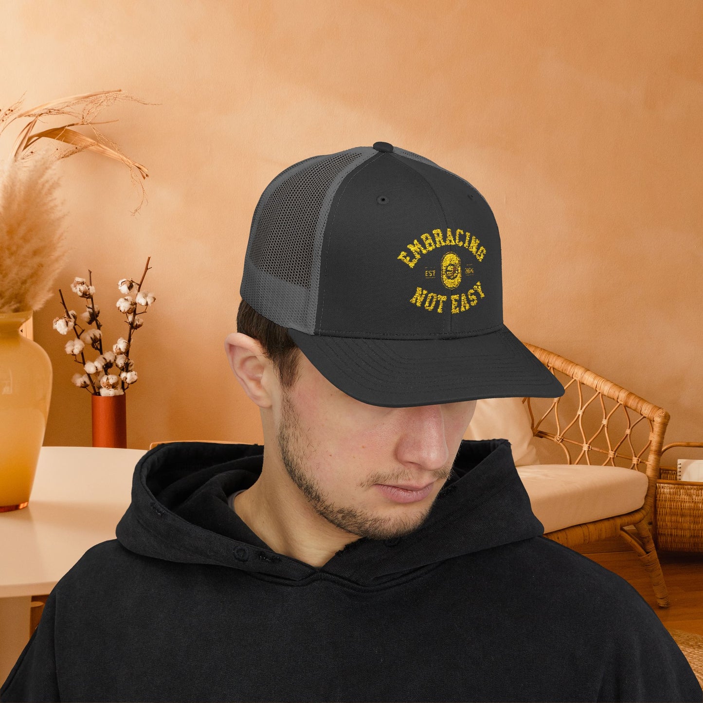 Embracing Not Easy Snapback Trucker Cap - Bold Red Vintage Hat