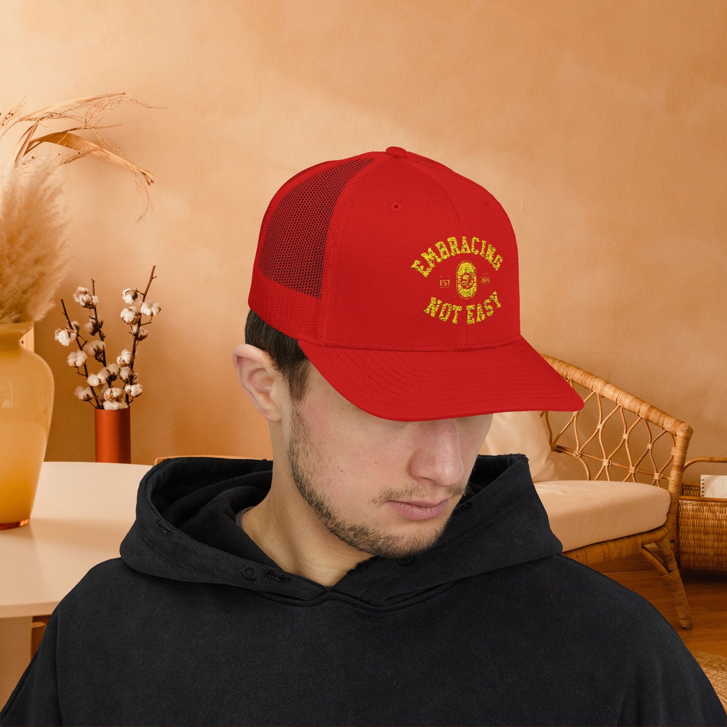 Embracing Not Easy Snapback Trucker Cap - Bold Red Vintage Hat