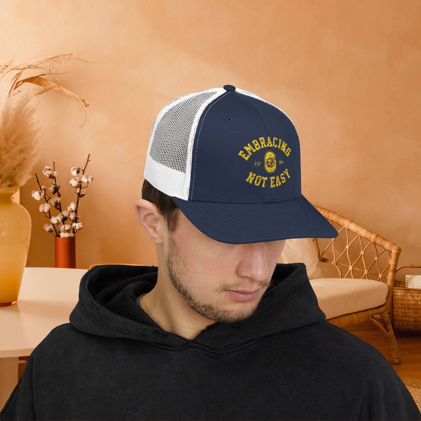 Embracing Not Easy Snapback Trucker Cap - Bold Red Vintage Hat