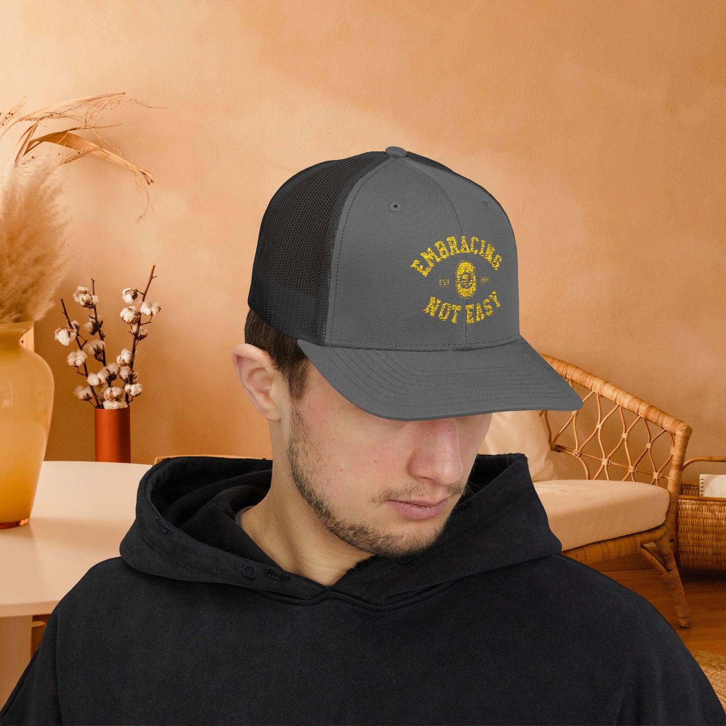 Embracing Not Easy Snapback Trucker Cap - Bold Red Vintage Hat