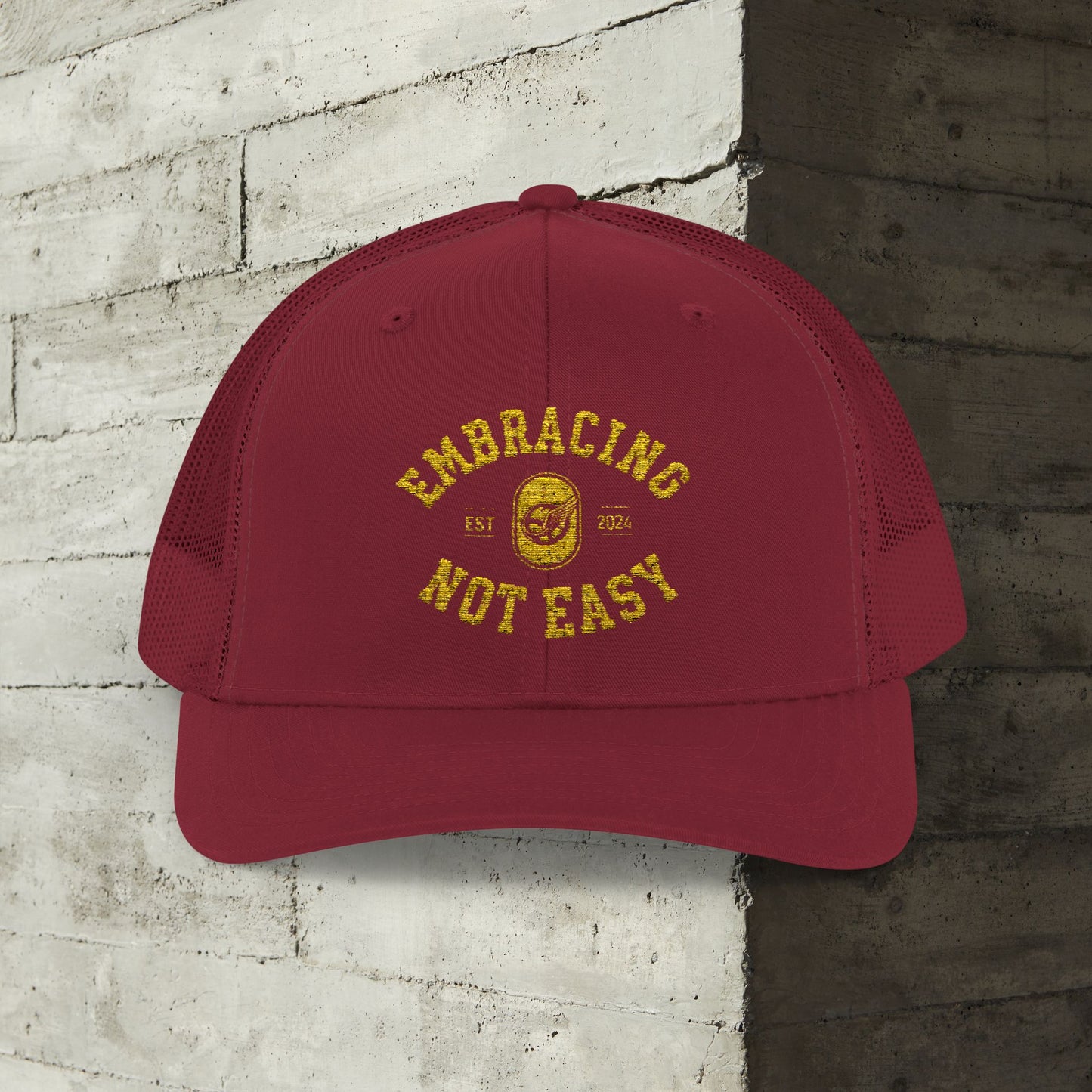 Embracing Not Easy Snapback Trucker Cap - Bold Red Vintage Hat