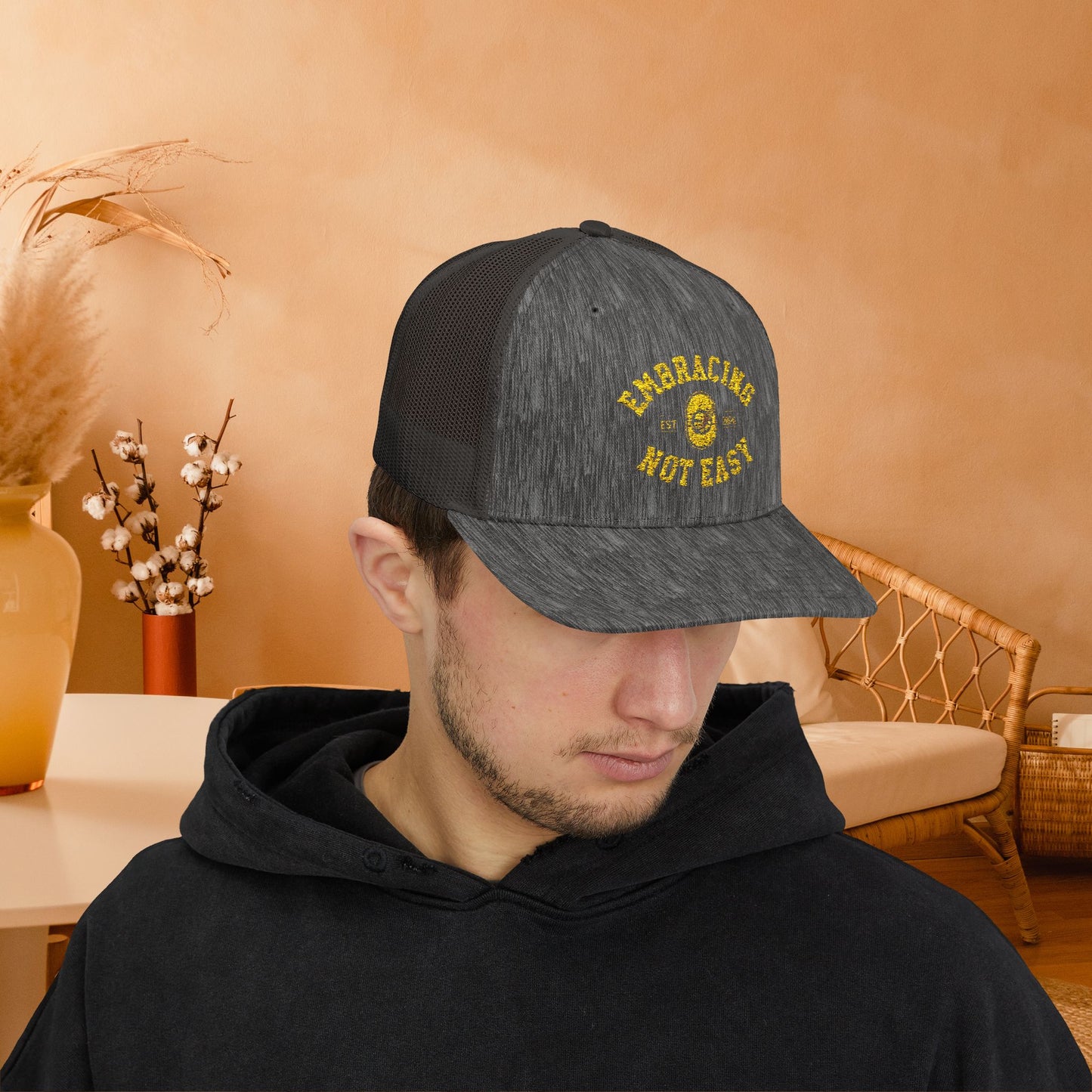 Embracing Not Easy Snapback Trucker Cap - Bold Red Vintage Hat