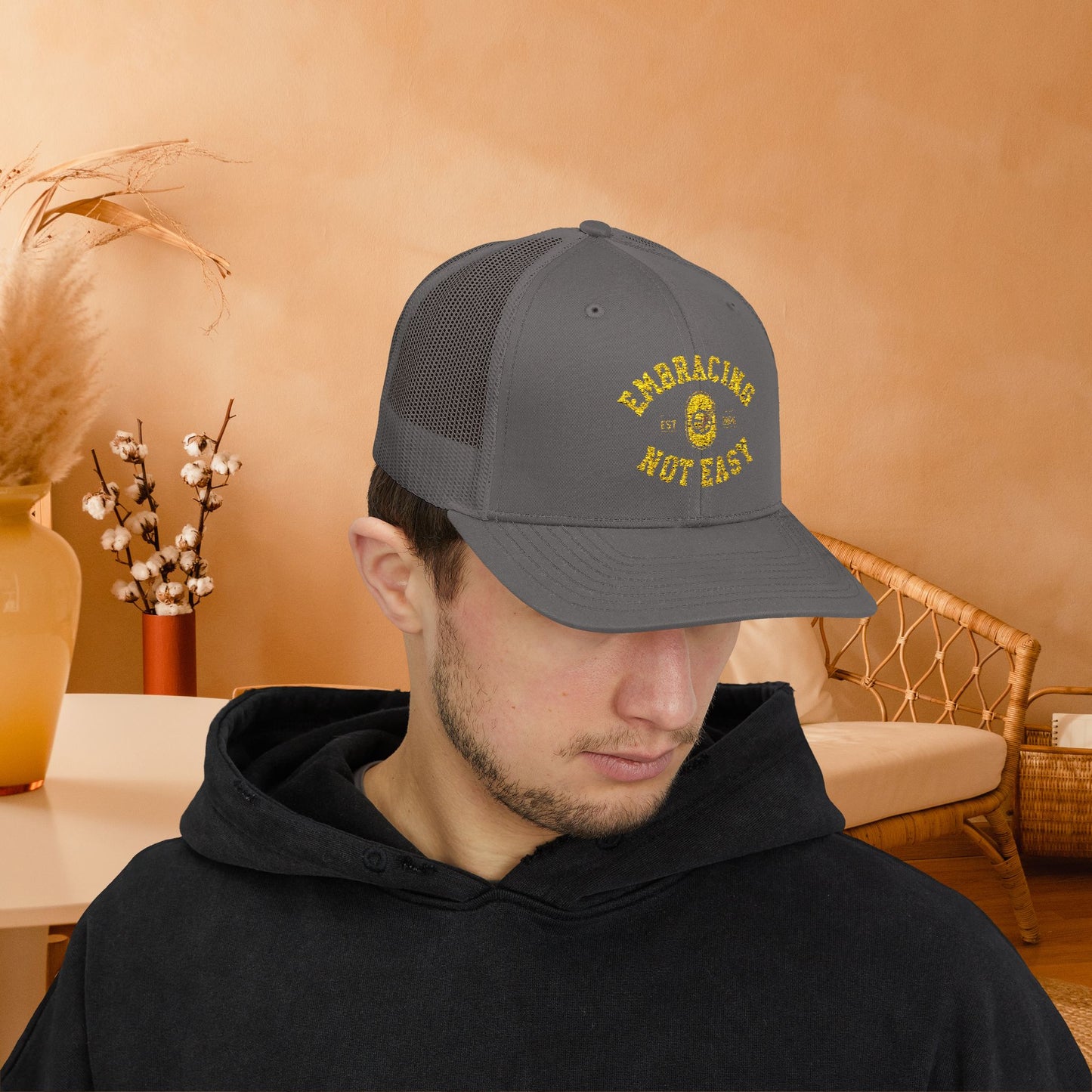 Embracing Not Easy Snapback Trucker Cap - Bold Red Vintage Hat