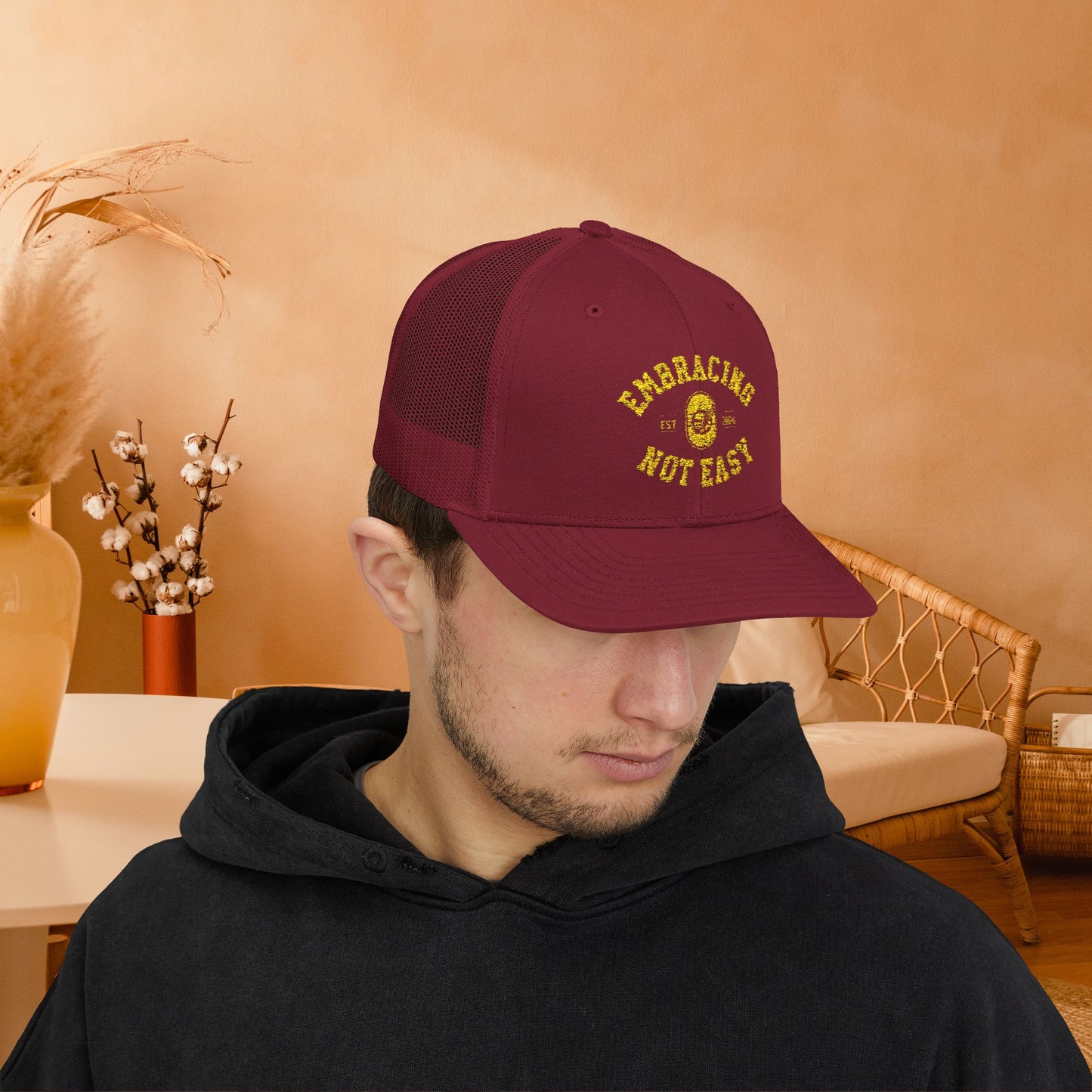 Embracing Not Easy Snapback Trucker Cap - Bold Red Vintage Hat