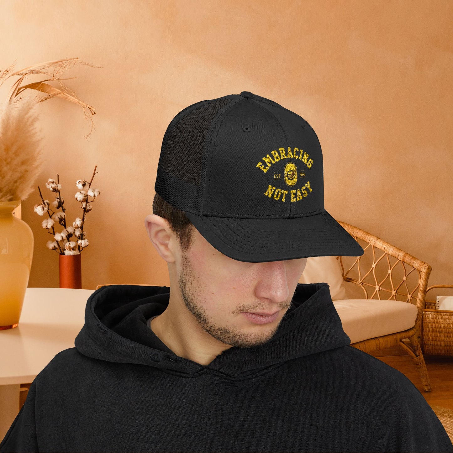 Embracing Not Easy Snapback Trucker Cap - Bold Red Vintage Hat