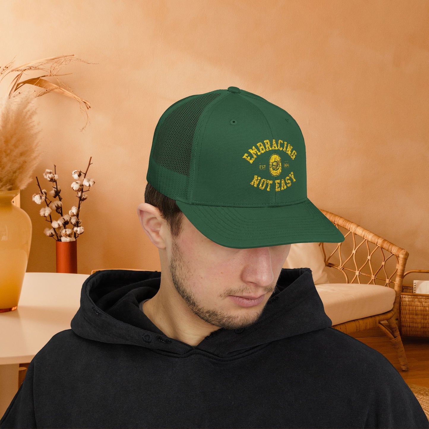 Embracing Not Easy Snapback Trucker Cap - Bold Red Vintage Hat